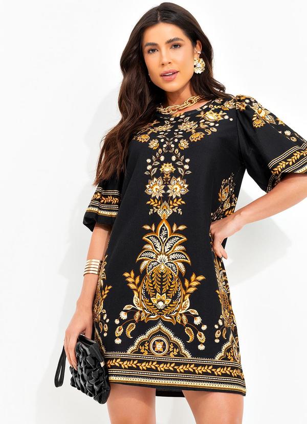 Farm - Vestido T-Shirt Mg Bufante Flora Abacaxi Preto 7