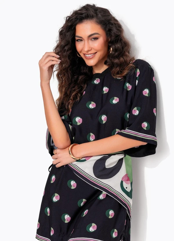 Farm - Vestido T-Shirt Poá Ararinha Preto