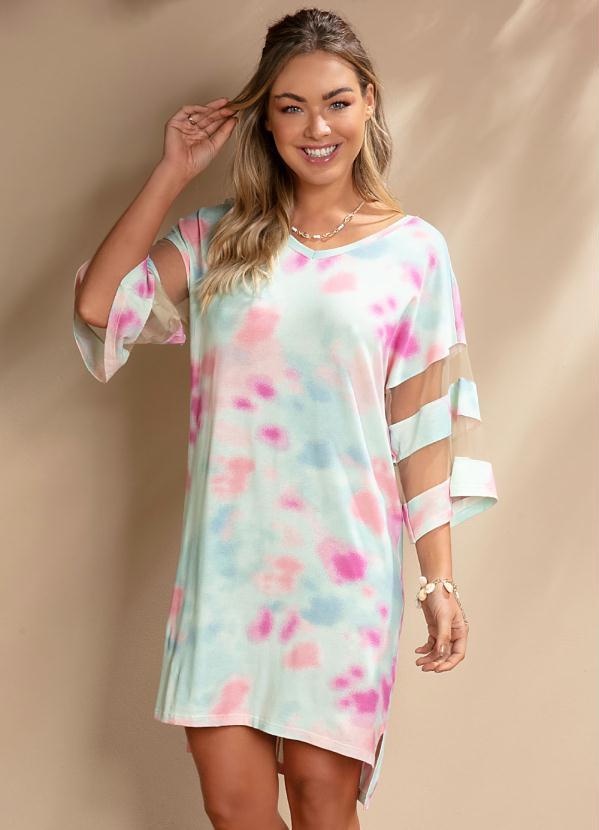 Quintess - Vestido Tie Dye Menta com Detalhes em Tule