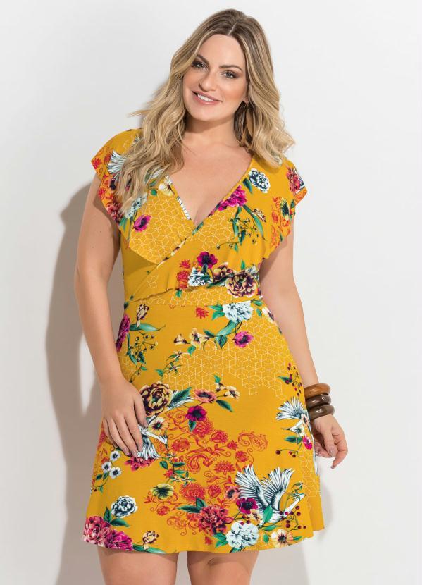 Quintess Vestido Transpassado Estampado Amarelo Plus Size