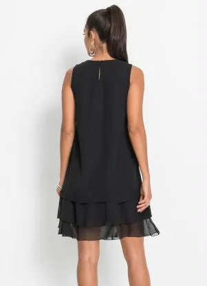 bonprix - Vestido Trapézio com Babados Preto - BONPRIX
