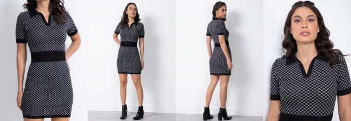 Vestido Tric Xadrez Preto com Gola