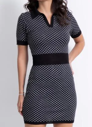 Quintess - Vestido Tricô Xadrez Preto com Gola - QUINTESS