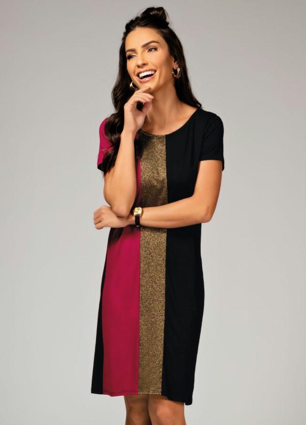 Quintess - Vestido Tricolor com Recorte Frontal em Brilho