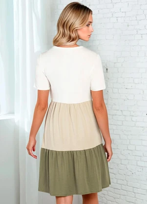 bonprix - Vestido Tricolor Manga Curta Verde/Off White - BONPRIX