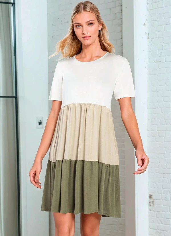 bonprix - Vestido Tricolor Manga Curta Verde/Off White