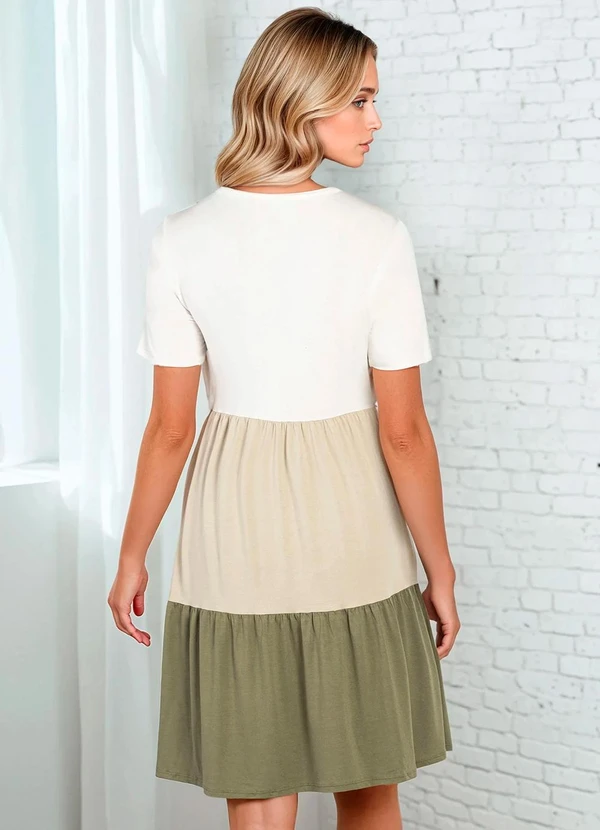 bonprix - Vestido Tricolor Manga Curta Verde/Off White 2