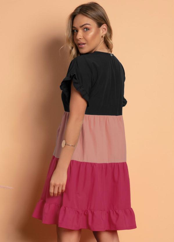 Quintess - Vestido Tricolor Preto Soltinho com Franzidos 2