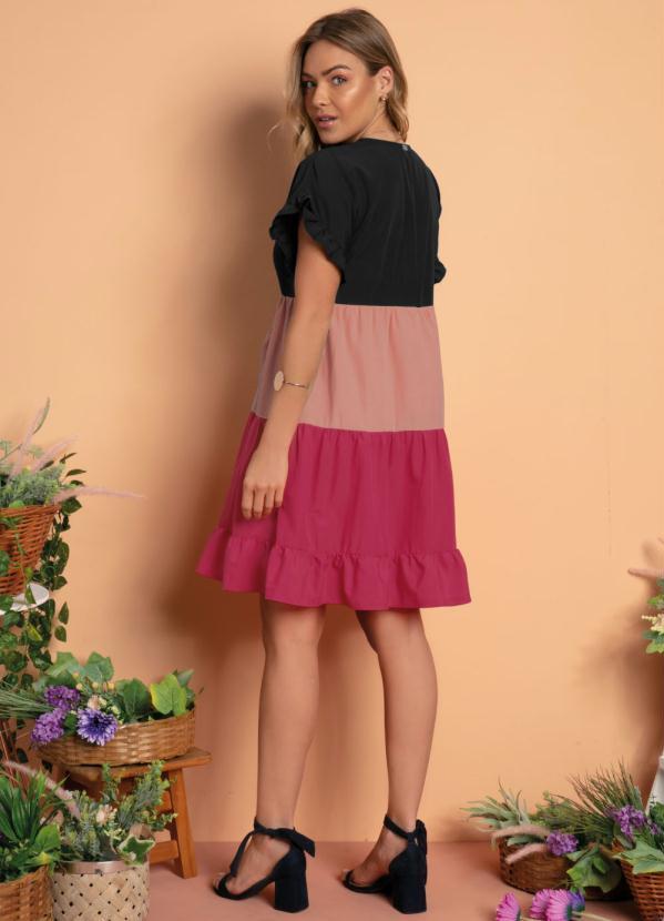 Quintess - Vestido Tricolor Preto Soltinho com Franzidos 4