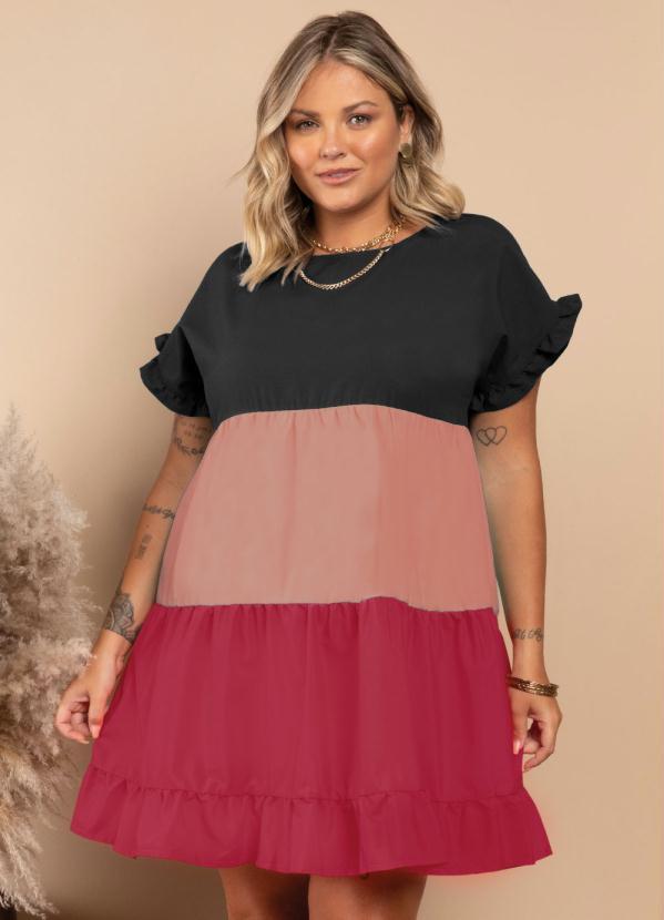 Quintess - Vestido Tricolor Preto Soltinho com Franzidos 5