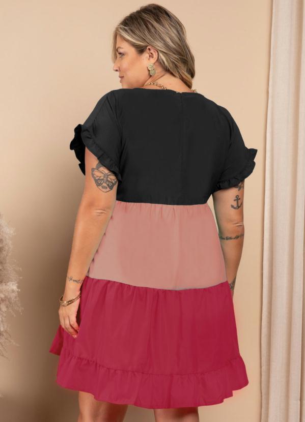 Quintess - Vestido Tricolor Preto Soltinho com Franzidos 6