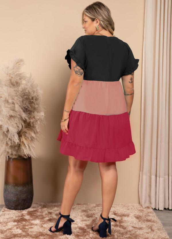 Quintess - Vestido Tricolor Preto Soltinho com Franzidos 8