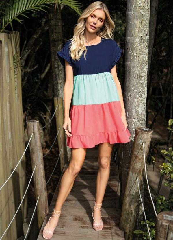 Quintess - Vestido Tricolor Soltinho com Franzidos 2