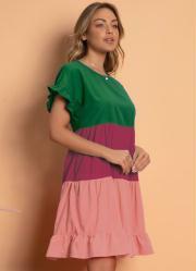 Vestido Tricolor Verde Soltinho com Franzidos