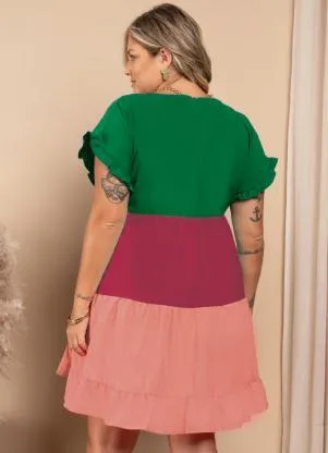 Quintess - Vestido Tricolor Verde Soltinho com Franzidos - QUINTESS
