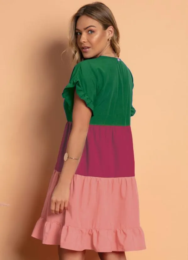 Quintess - Vestido Tricolor Verde Soltinho com Franzidos 2
