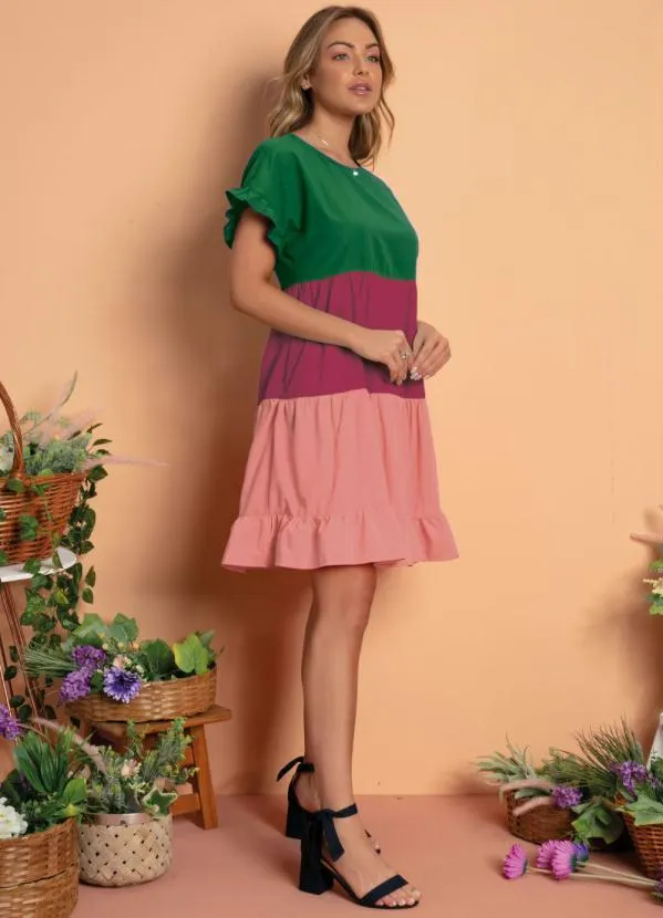 Quintess - Vestido Tricolor Verde Soltinho com Franzidos 3