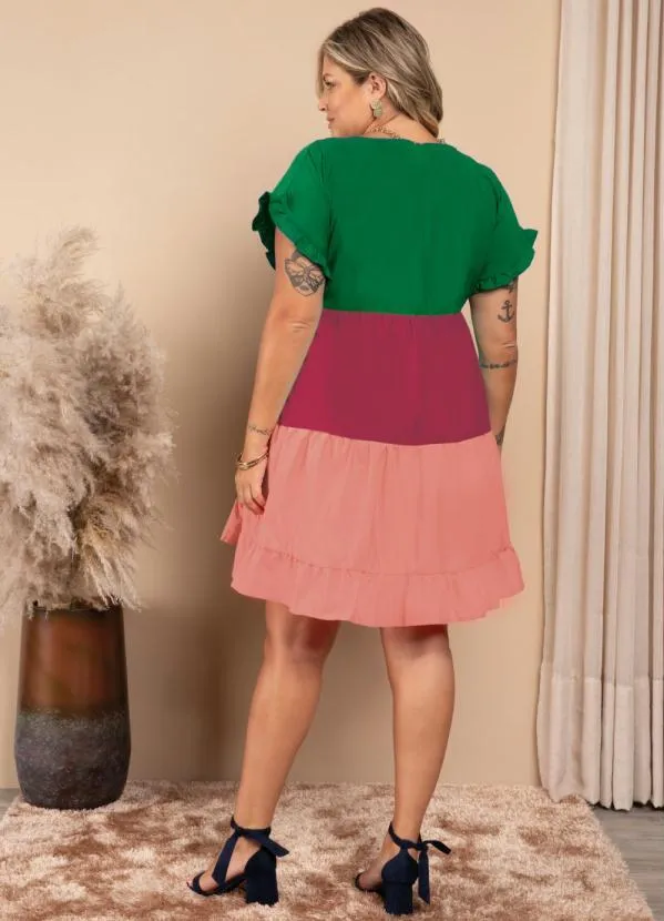 Quintess - Vestido Tricolor Verde Soltinho com Franzidos 8