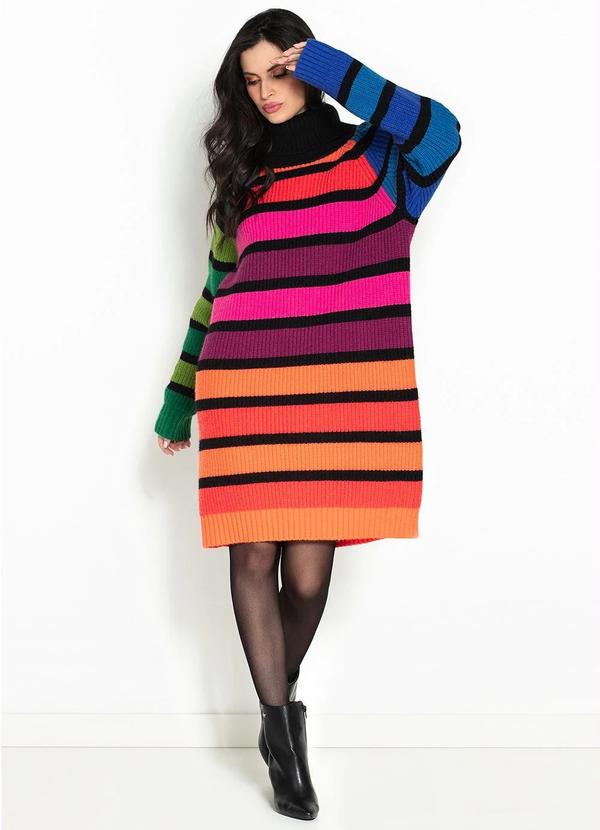 Farm - Vestido Tricot Listras Preto
