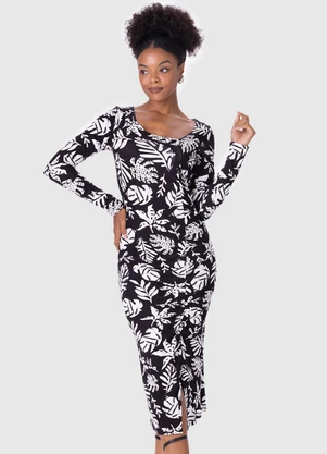 Malwee - Vestido Tropical Canelado com Fenda Branco - MALWEE