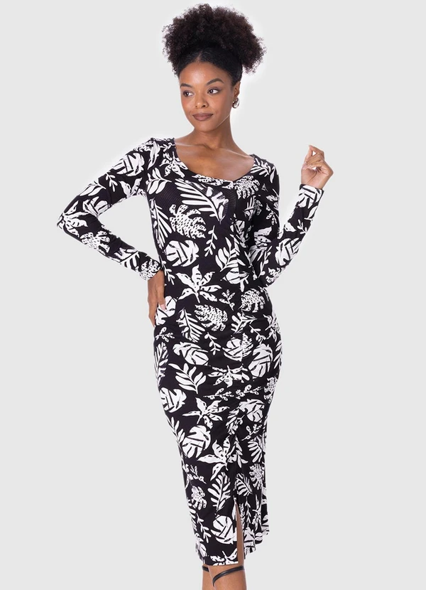 Malwee - Vestido Tropical Canelado com Fenda Branco