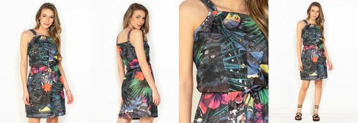 Vestido Tropical com Al�as e Bot�es