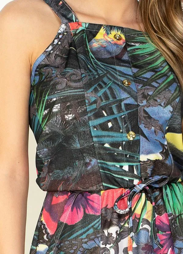Moda Pop - Vestido Tropical com Alças e Botões 3