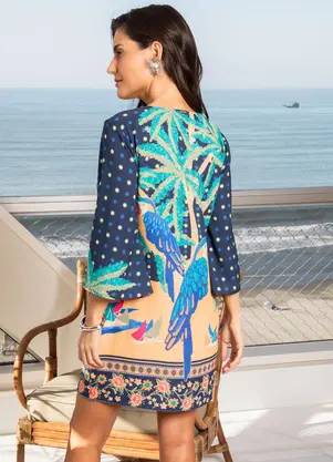 Quintess - Vestido Tropical Marinho em Crepe Plano - QUINTESS