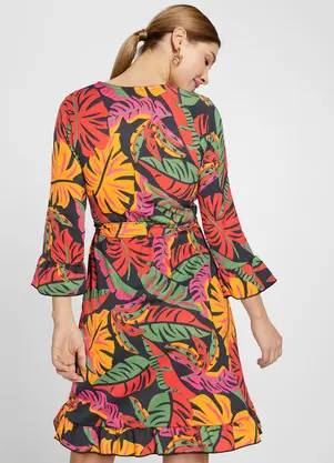 bonprix - Vestido Tropical Preto em Malha Crepe - BONPRIX