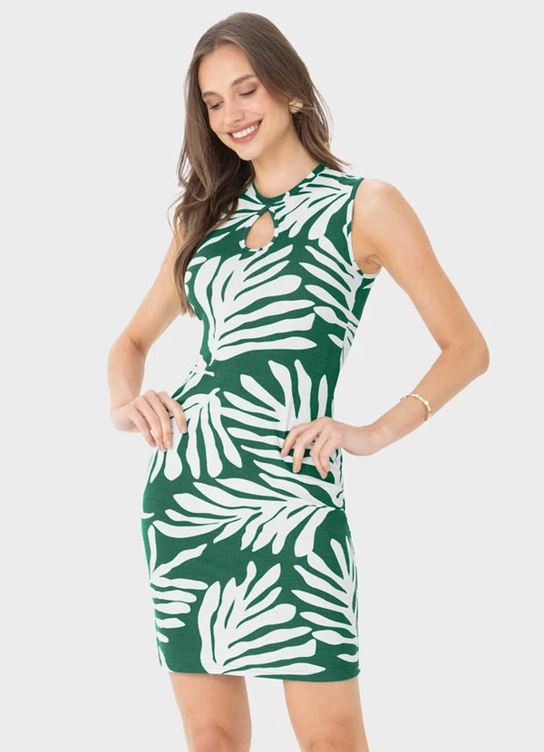 Malwee - Vestido Verde Curto Folhagens Canelado