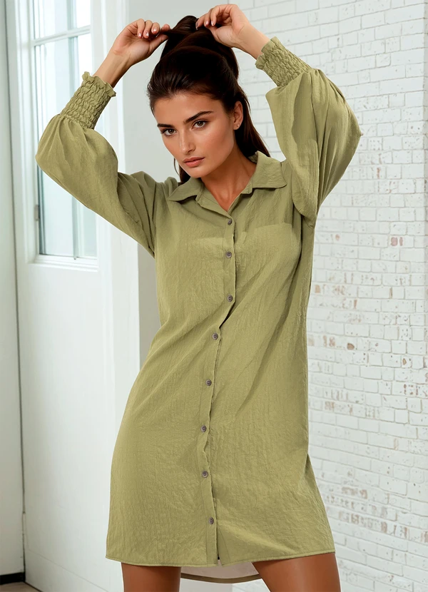 Quintess - Vestido Verde em Crepe Plano com Punhos Largos