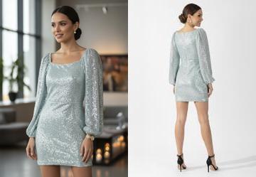 Vestido Verde em Paet� com Mangas Bufantes