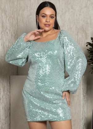 Quintess - Vestido Verde em Paetê com Mangas Bufantes - QUINTESS