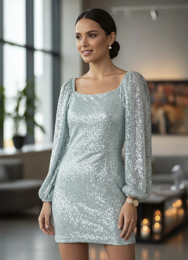 Quintess - Vestido Verde em Paetê com Mangas Bufantes