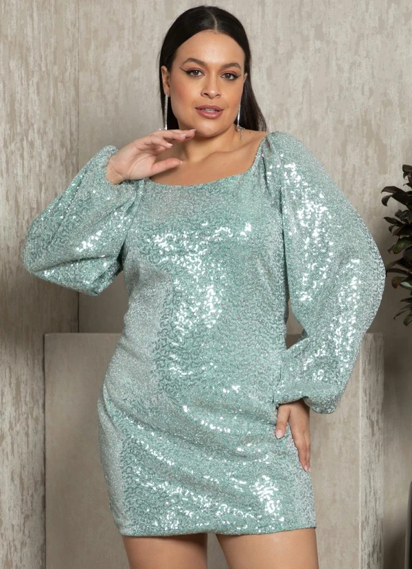 Quintess - Vestido Verde em Paetê com Mangas Bufantes 7