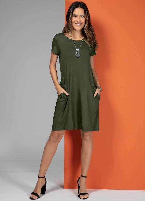 Quintess - Vestido Verde Militar com Bolsos e Mangas Curtas 3