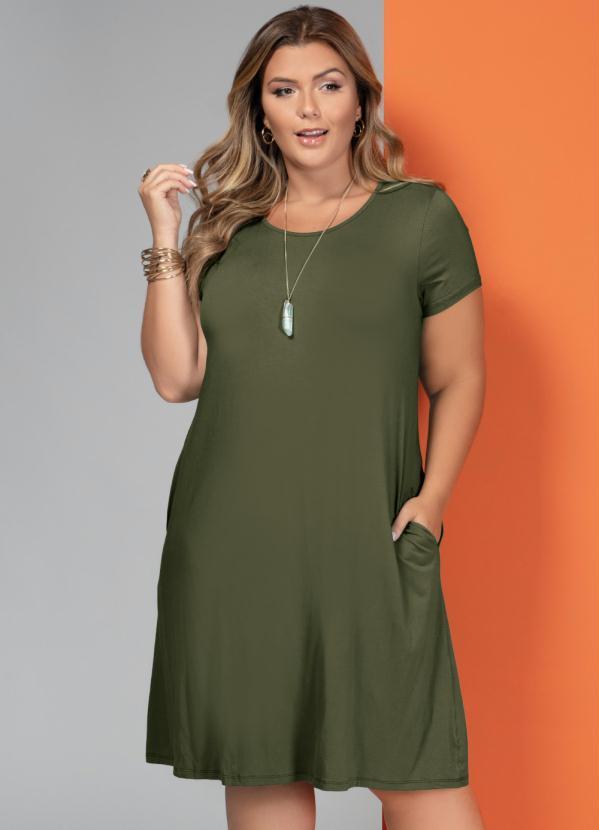 Quintess - Vestido Verde Militar com Bolsos e Mangas Curtas 5