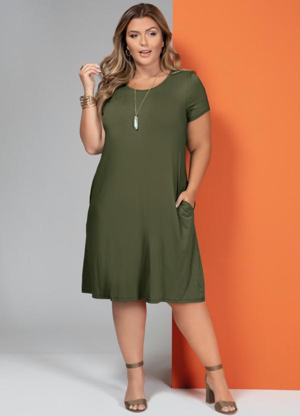 Quintess - Vestido Verde Militar com Bolsos e Mangas Curtas 7