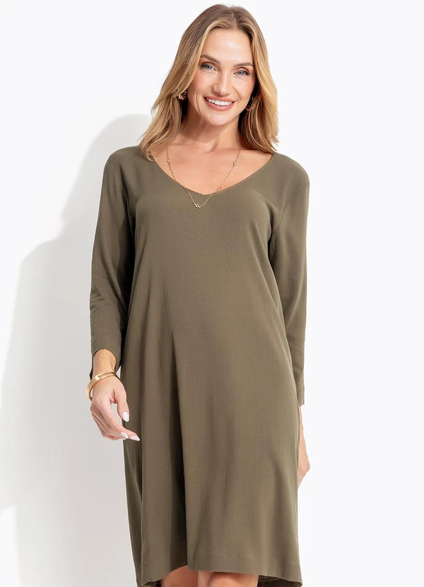 Quintess - Vestido Verde Oliva em Viscose Slub Prime