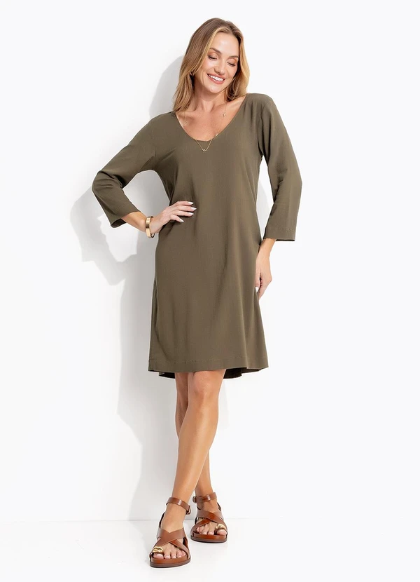 Quintess - Vestido Verde Oliva em Viscose Slub Prime