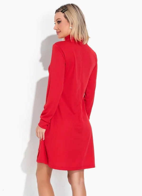 Moda Pop - Vestido Vermelho com Gola de Alta e com Bolsos 2