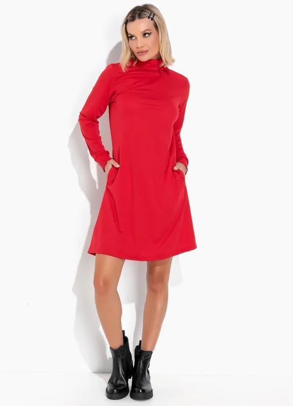 Moda Pop - Vestido Vermelho com Gola de Alta e com Bolsos 3
