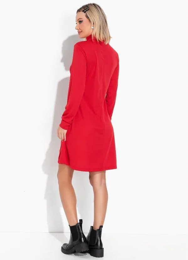 Moda Pop - Vestido Vermelho com Gola de Alta e com Bolsos 4