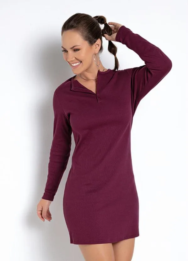 Basicamente - Vestido Vinho com Mangas Longas Plus Size