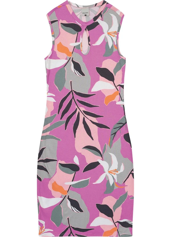 Malwee - Vestido Violeta Curto Floral Canelado