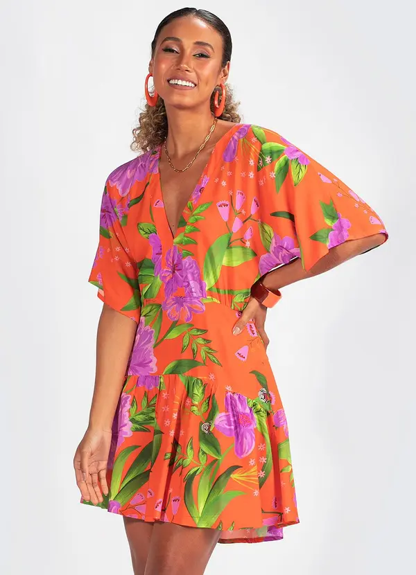 Farm - Vestido Viscose Floral Bem Me Quer Laranja