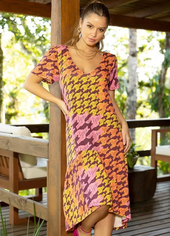 Quintess - Vestido Xadrez Color com Recorte Mullet