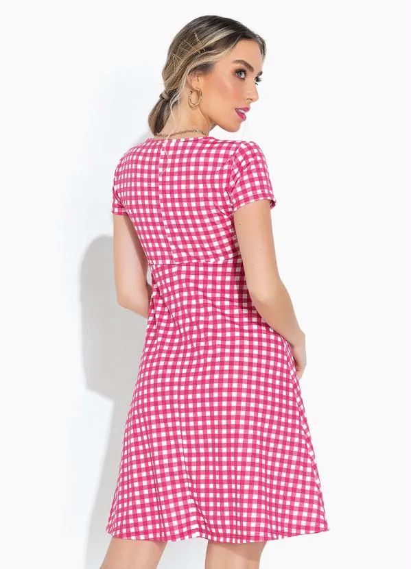 Moda Pop - Vestido Xadrez com Decote V e Mangas Curtas 2