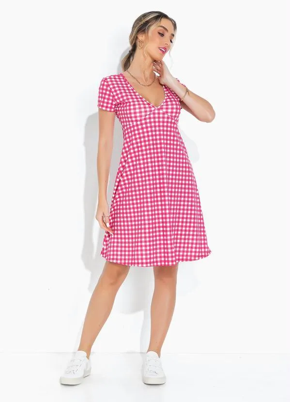 Moda Pop - Vestido Xadrez com Decote V e Mangas Curtas 4