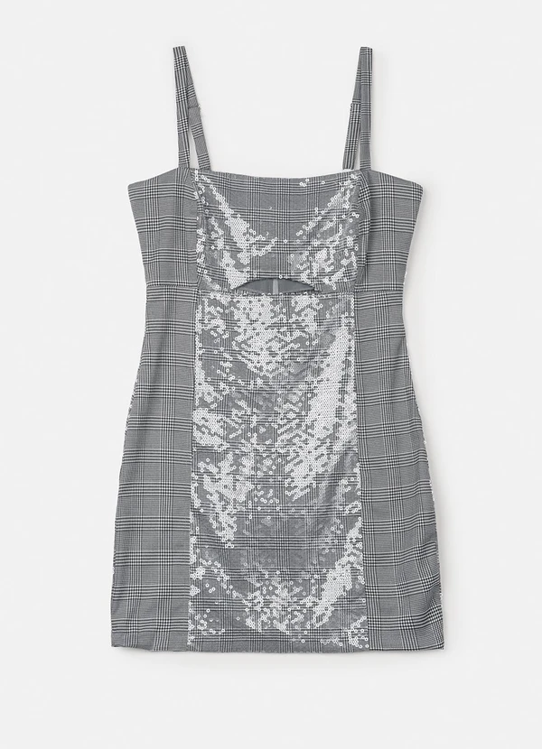 Authoria - Vestido Xadrez de Paetê Cinza 5